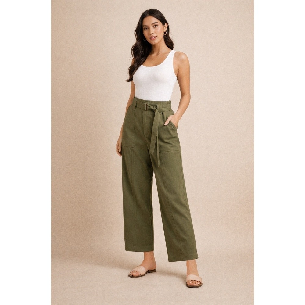 GSTQ Utility Cropped Pant Olive Green Wool Wide Leg Belted Size 4 NWT Gorpcore